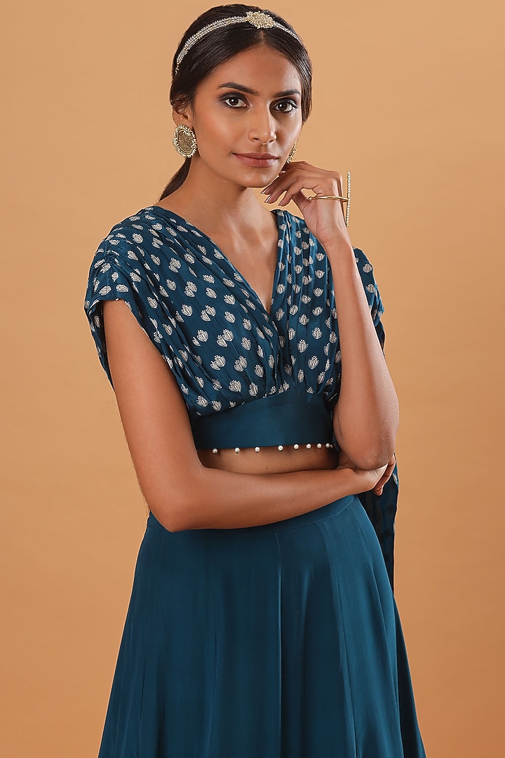 Teal Blue Embroidered Skirt Set by Ek Soot at Pernia's Pop Up Shop