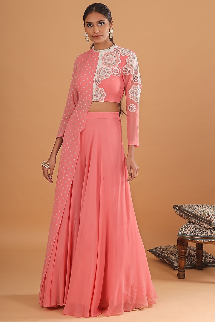 Pink Embroidered Draped Jumpsuit by Ek Soot