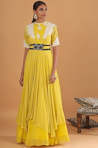 Lime Yellow Embroidered Jacket With Kalidar Kurta by Ek Soot
