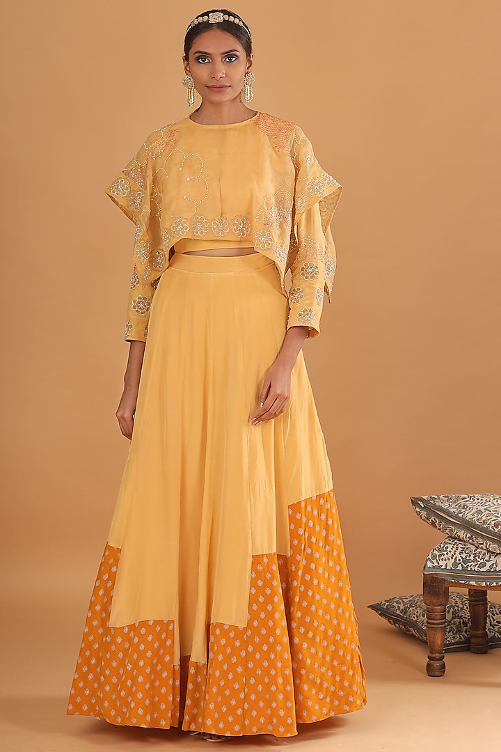 Light Yellow Embroidered Skirt Set by Ek Soot