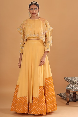 Light Yellow Crepe Embroidered Skirt Set by Ek Soot