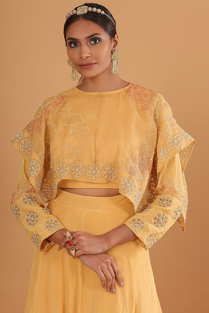 Light Yellow Crepe Embroidered Skirt Set by Ek Soot at Pernia's Pop Up Shop