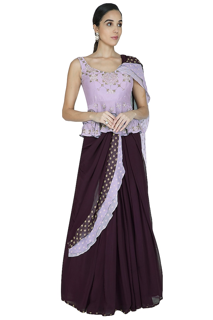 Aubergine Purple Embroidered Saree Set by Ek Soot
