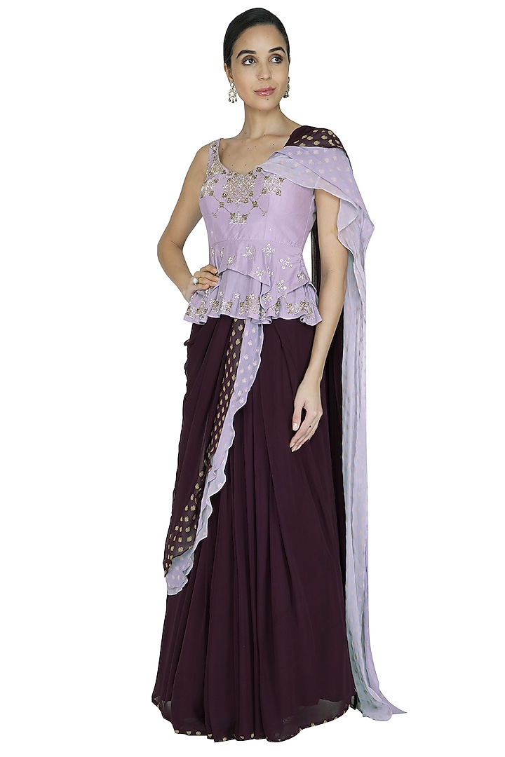 Aubergine Purple Embroidered Wedding Saree Set by Ek Soot at Pernia's Pop Up Shop