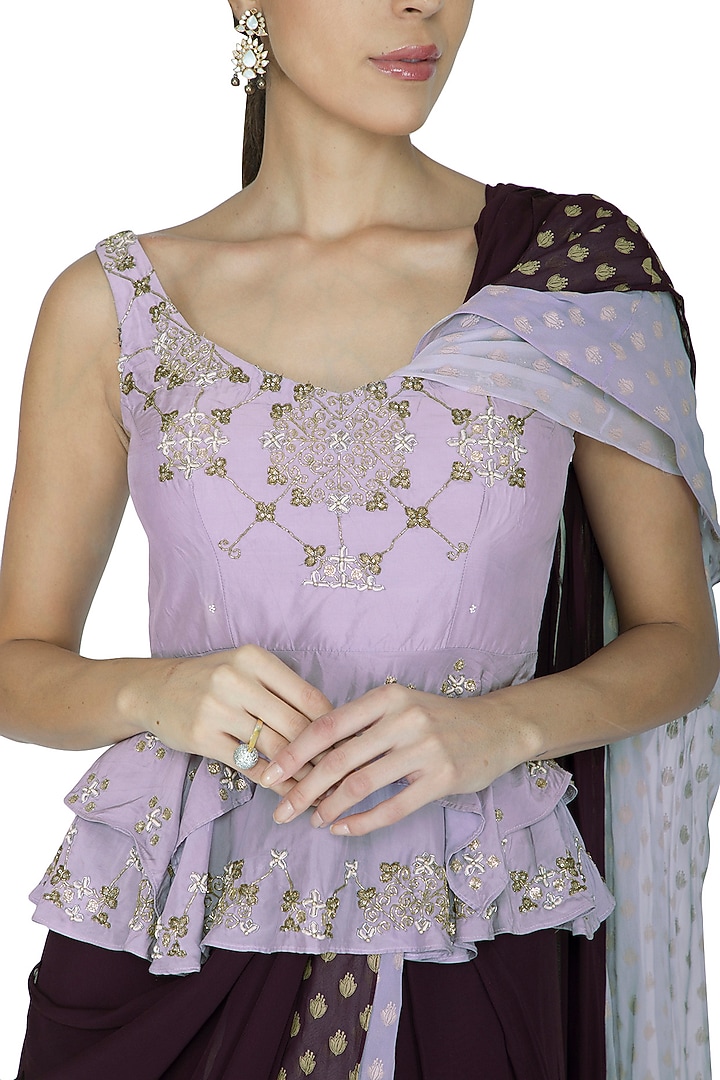 Aubergine Purple Embroidered Wedding Saree Set by Ek Soot at Pernia's Pop Up Shop