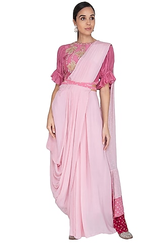 Rose Pink & Onion Pink Printed Embroidered Saree Set by Ek Soot