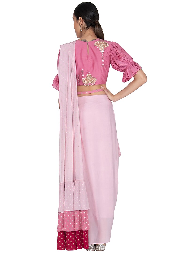 Rose Pink & Onion Pink Printed Embroidered Party Wear Saree Set by Ek Soot at Pernia's Pop Up Shop