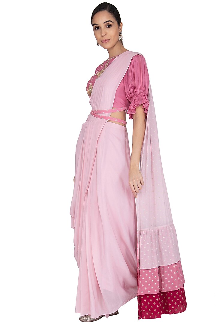 Rose Pink & Onion Pink Printed Embroidered Party Wear Saree Set by Ek Soot at Pernia's Pop Up Shop