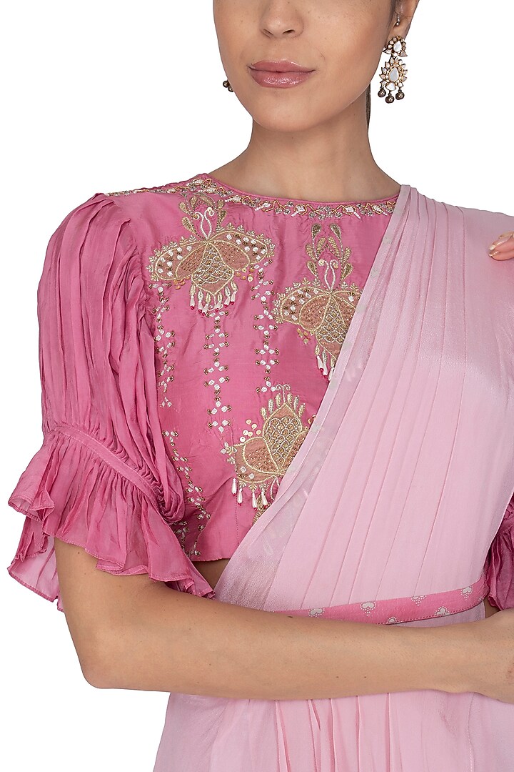 Rose Pink & Onion Pink Printed Embroidered Party Wear Saree Set by Ek Soot at Pernia's Pop Up Shop