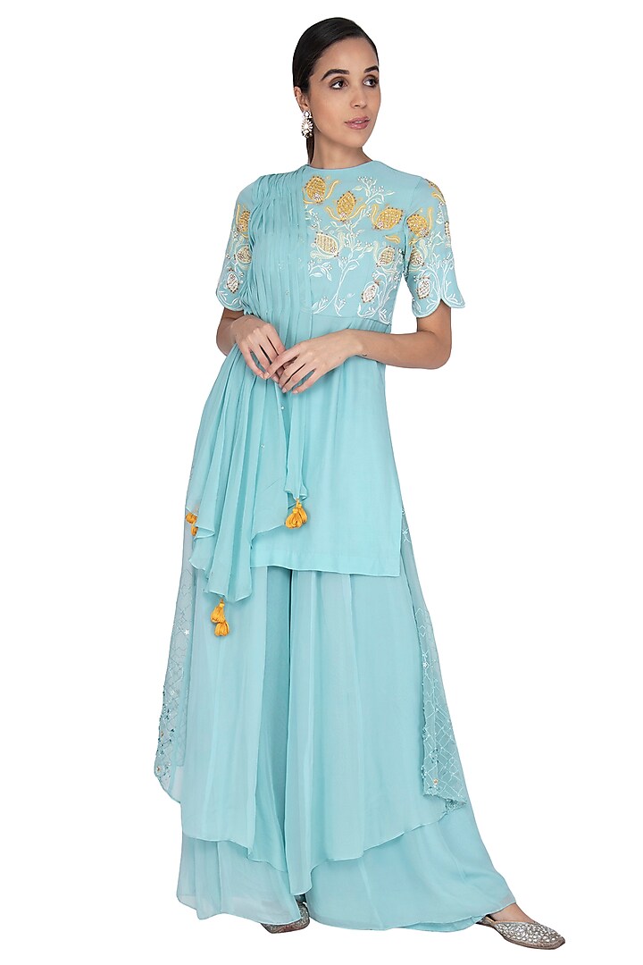 Light Turquoise Blue Embroidered Sharara Set by Ek Soot