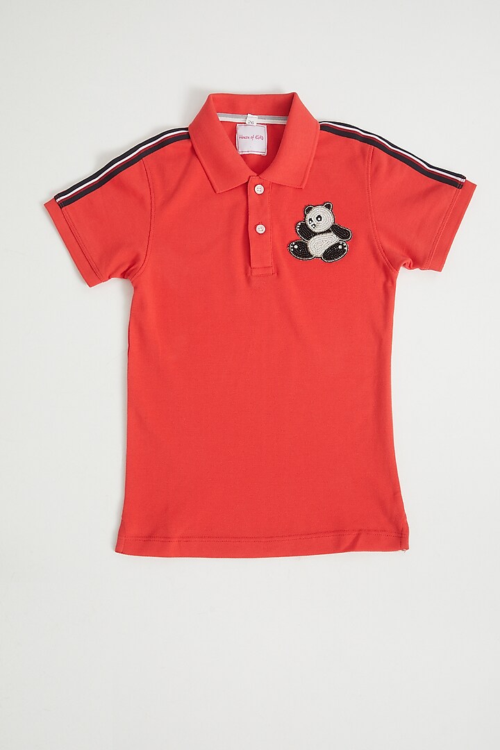 Brick Red Hand Embellished Polo T-Shirt For Boys by House of Esro