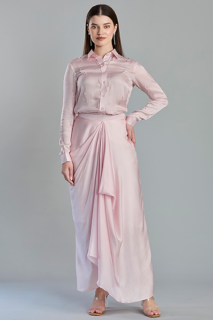 Blush Pink Modal Satin Draped Skirt Set by ESSENCE by Nandini Thakkar at Pernia's Pop Up Shop