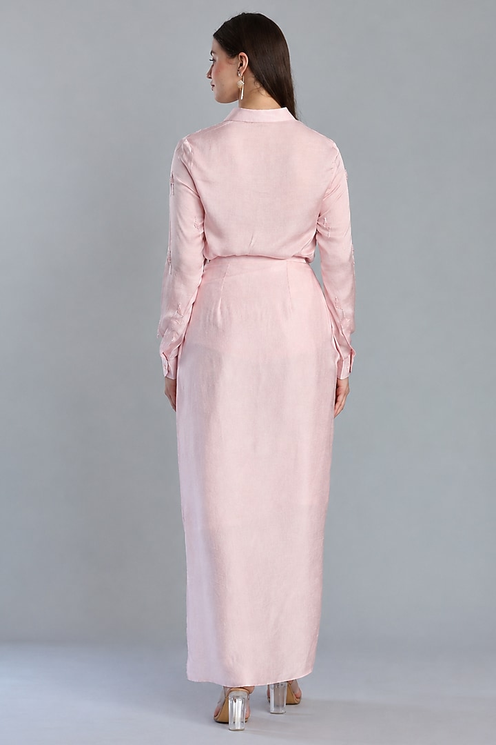 Blush Pink Modal Satin Draped Skirt Set by ESSENCE by Nandini Thakkar at Pernia's Pop Up Shop