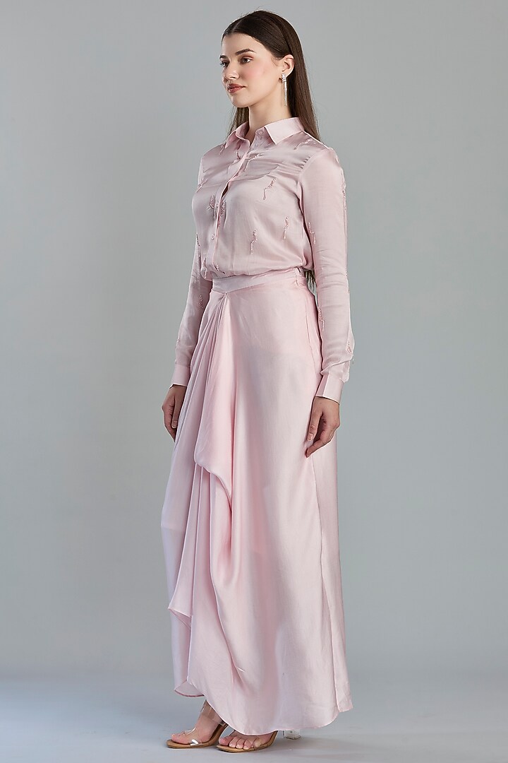 Blush Pink Modal Satin Draped Skirt Set by ESSENCE by Nandini Thakkar at Pernia's Pop Up Shop