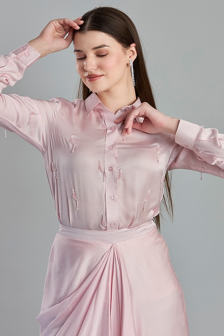 Blush Pink Modal Satin Draped Skirt Set by ESSENCE by Nandini Thakkar at Pernia's Pop Up Shop