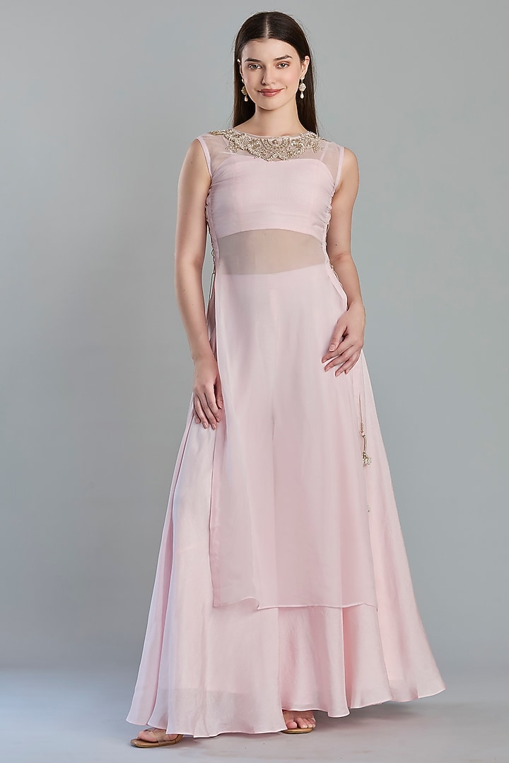 Blush Pink Dola Silk Layered Skirt Set by ESSENCE by Nandini Thakkar at Pernia's Pop Up Shop