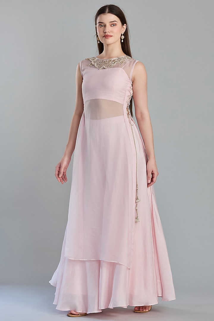 Blush Pink Dola Silk Layered Skirt Set by ESSENCE by Nandini Thakkar at Pernia's Pop Up Shop