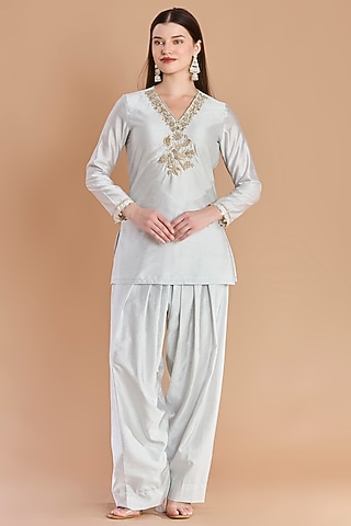 Powder Blue Semi Dupion Silk Zardosi Embroidered Kurta Set by ESSENCE by Nandini Thakkar