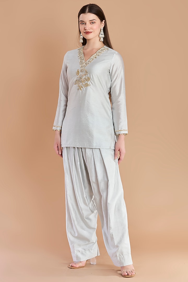 Powder Blue Semi Dupion Silk Zardosi Embroidered Kurta Set by ESSENCE by Nandini Thakkar at Pernia's Pop Up Shop