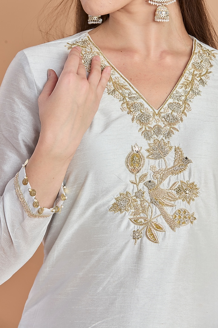 Powder Blue Semi Dupion Silk Zardosi Embroidered Kurta Set by ESSENCE by Nandini Thakkar at Pernia's Pop Up Shop
