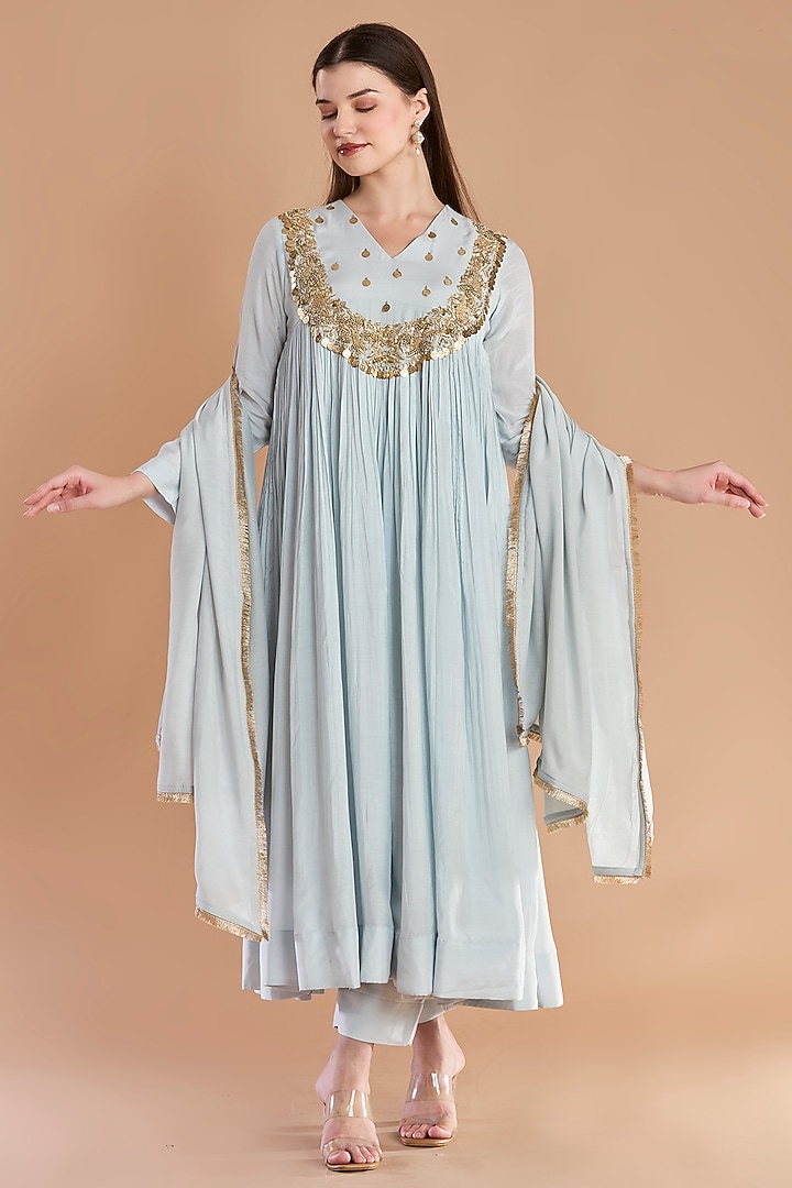 Powder Blue Mul Cotton Zardosi Embroidered Kurta Set by ESSENCE by Nandini Thakkar at Pernia's Pop Up Shop