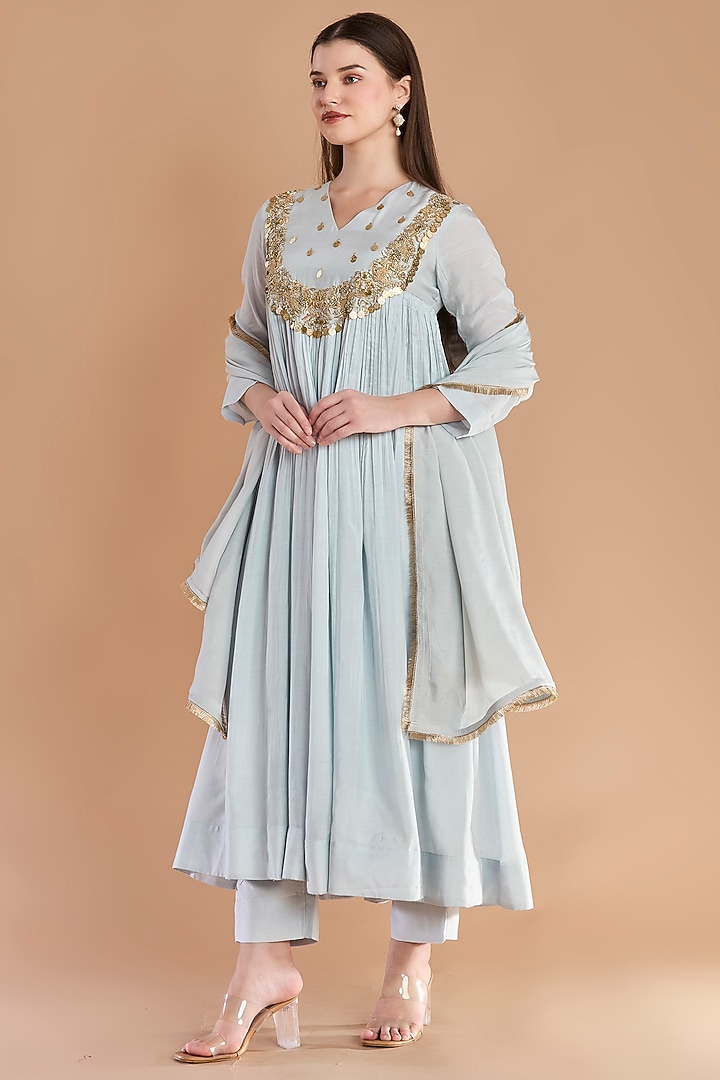 Powder Blue Mul Cotton Zardosi Embroidered Kurta Set by ESSENCE by Nandini Thakkar at Pernia's Pop Up Shop