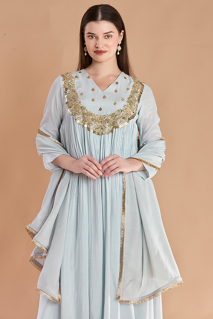 Powder Blue Mul Cotton Zardosi Embroidered Kurta Set by ESSENCE by Nandini Thakkar at Pernia's Pop Up Shop