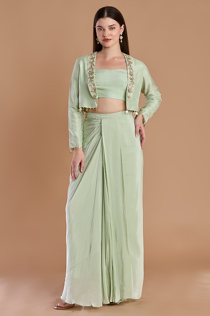 Sage Green Crepe Pleated Skirt Set by ESSENCE by Nandini Thakkar at Pernia's Pop Up Shop