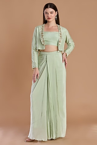 Sage Green Crepe Pleated Skirt Set by ESSENCE by Nandini Thakkar