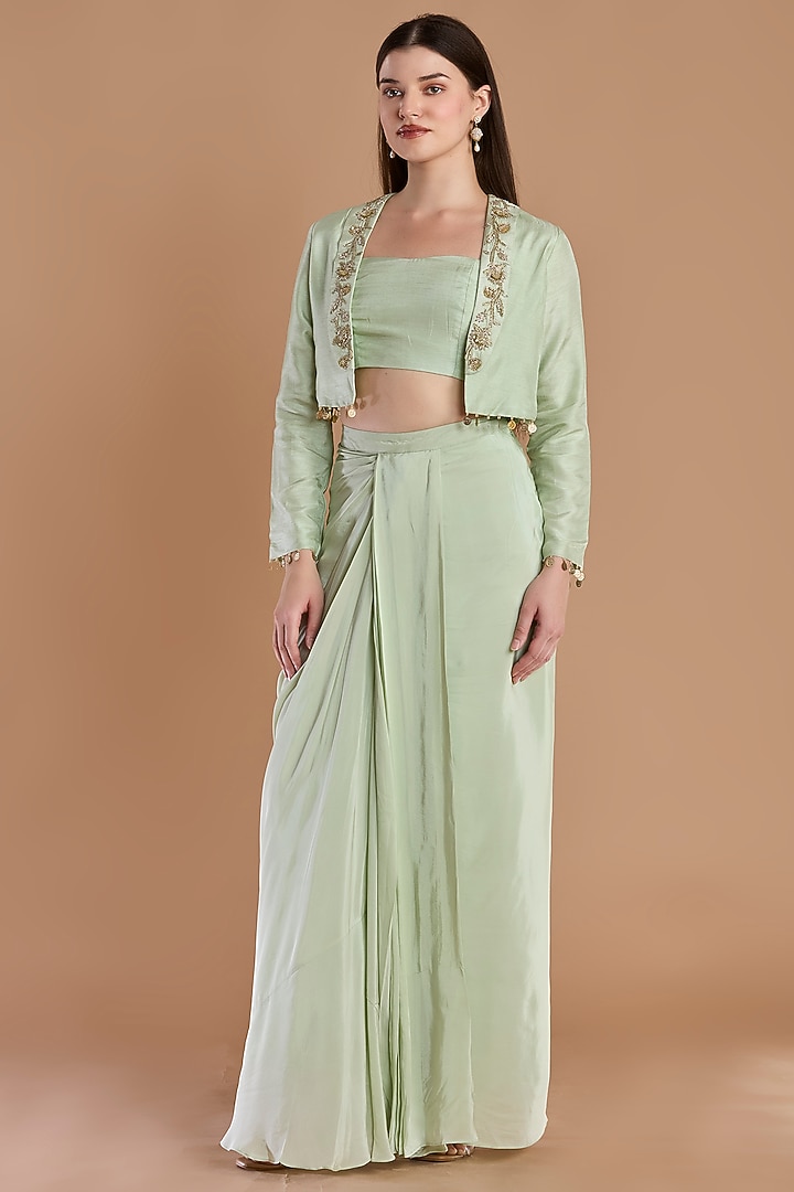 Sage Green Crepe Pleated Skirt Set by ESSENCE by Nandini Thakkar at Pernia's Pop Up Shop
