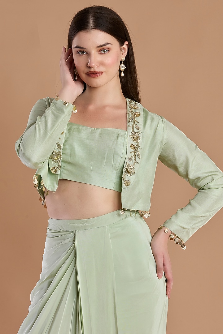 Sage Green Crepe Pleated Skirt Set by ESSENCE by Nandini Thakkar at Pernia's Pop Up Shop