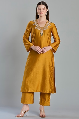 Mustard Yellow Semi Dupion Silk Floral Embroidered Kurta Set by ESSENCE by Nandini Thakkar