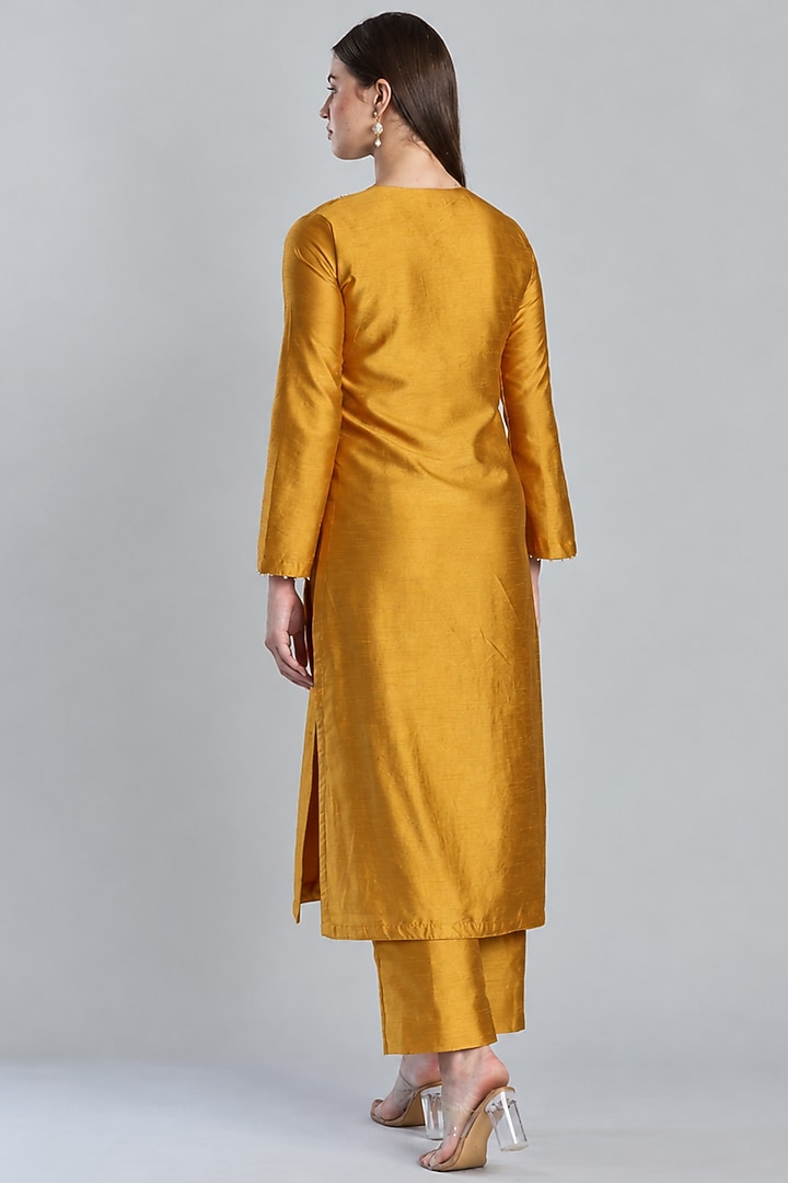 Mustard Yellow Semi Dupion Silk Floral Embroidered Kurta Set by ESSENCE by Nandini Thakkar at Pernia's Pop Up Shop