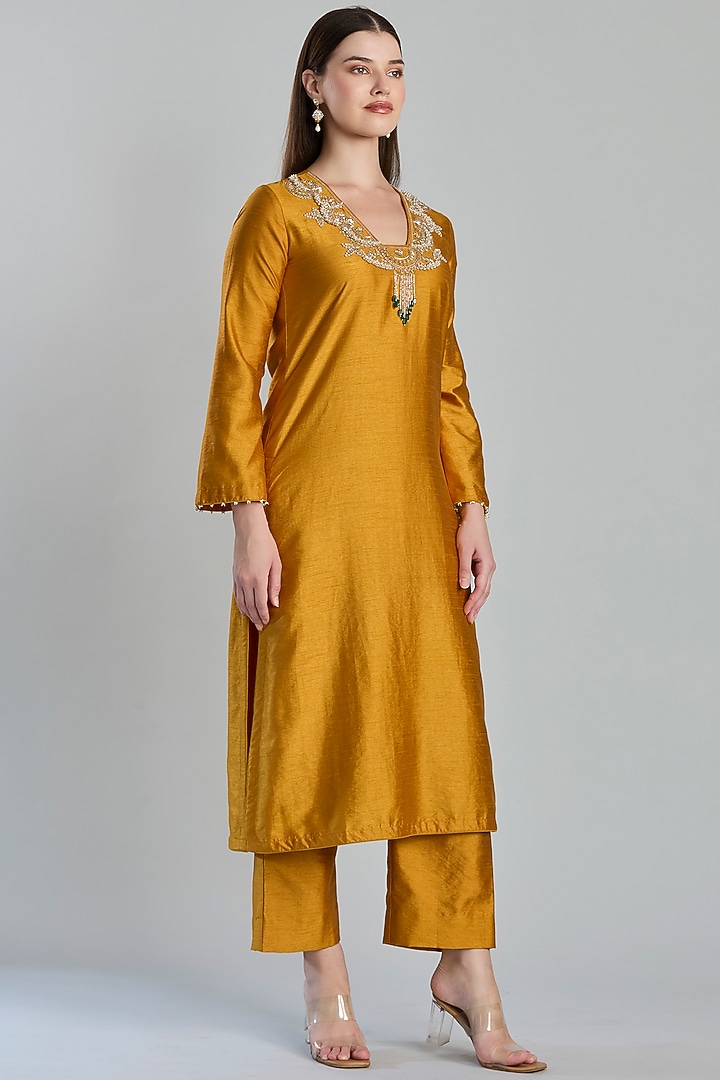 Mustard Yellow Semi Dupion Silk Floral Embroidered Kurta Set by ESSENCE by Nandini Thakkar at Pernia's Pop Up Shop