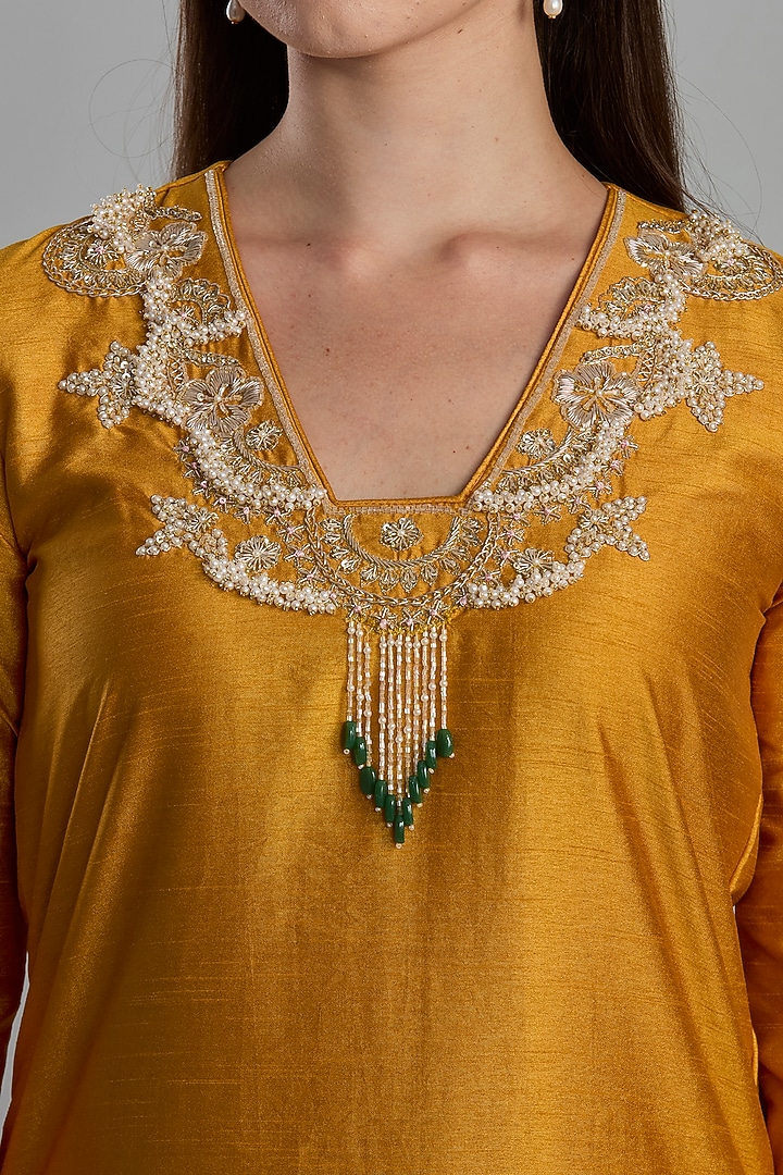 Mustard Yellow Semi Dupion Silk Floral Embroidered Kurta Set by ESSENCE by Nandini Thakkar at Pernia's Pop Up Shop