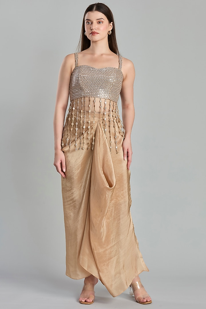 Golden Tissue Fluid Draped Skirt Set by ESSENCE by Nandini Thakkar at Pernia's Pop Up Shop