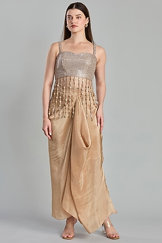 Golden Tissue Fluid Draped Skirt Set by ESSENCE by Nandini Thakkar
