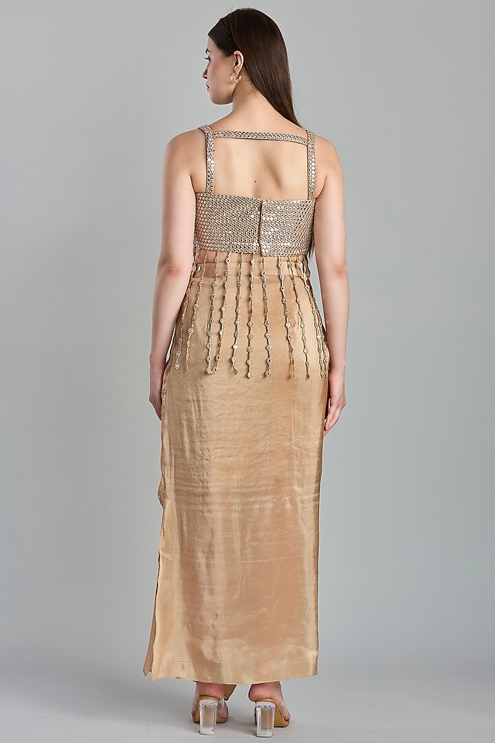 Golden Tissue Fluid Draped Skirt Set by ESSENCE by Nandini Thakkar at Pernia's Pop Up Shop