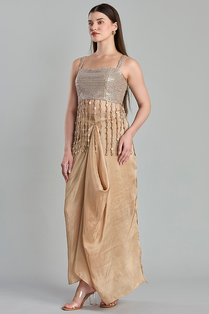 Golden Tissue Fluid Draped Skirt Set by ESSENCE by Nandini Thakkar at Pernia's Pop Up Shop