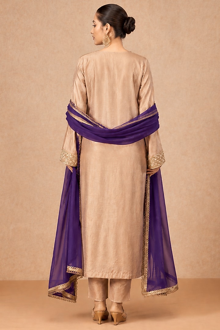 Beige Dola Silk Mirror Embroidered Kurta Set by ESSENCE by Nandini Thakkar at Pernia's Pop Up Shop