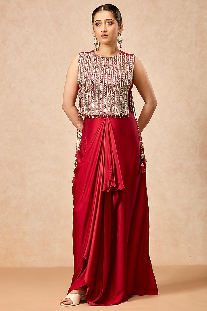 Deep Red Modal Satin Draped Skirt Set by ESSENCE by Nandini Thakkar at Pernia's Pop Up Shop