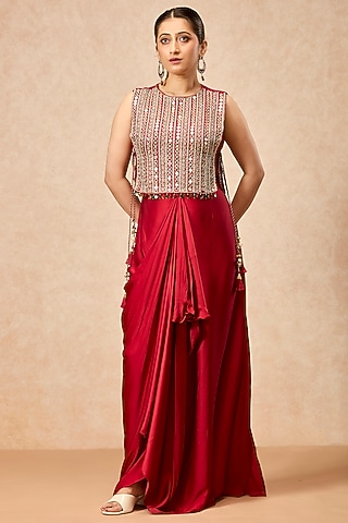 Deep Red Modal Satin Draped Skirt Set by ESSENCE by Nandini Thakkar