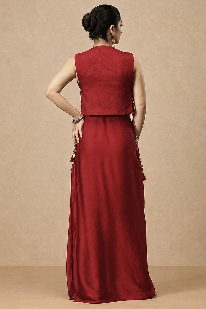 Deep Red Modal Satin Draped Skirt Set by ESSENCE by Nandini Thakkar at Pernia's Pop Up Shop