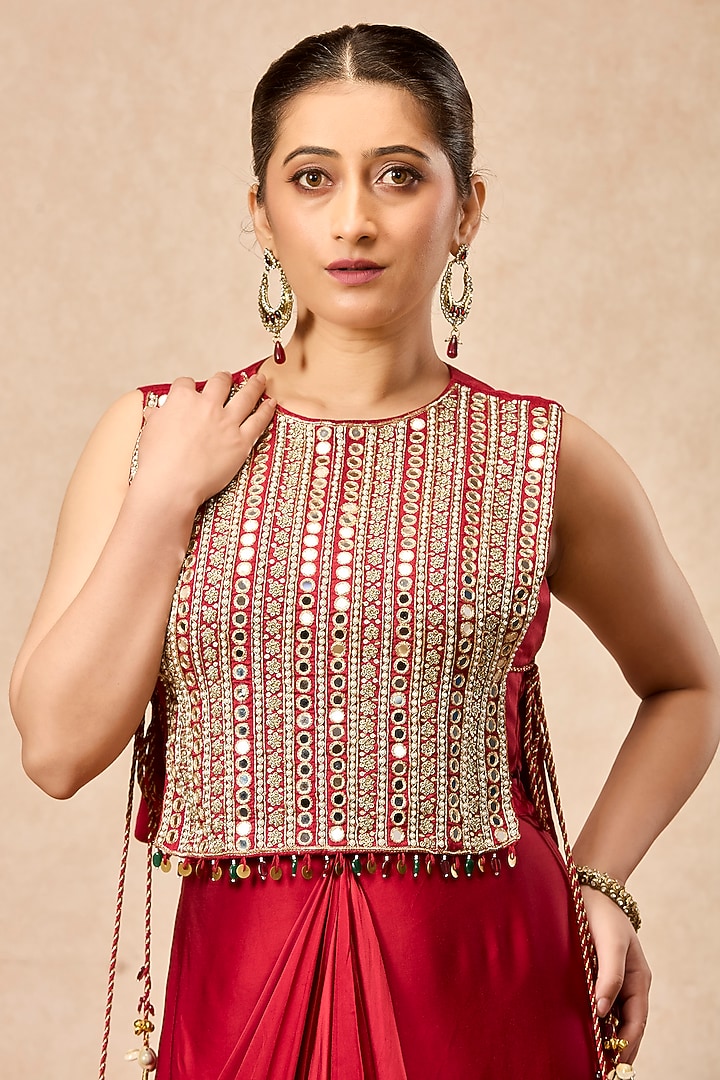 Deep Red Modal Satin Draped Skirt Set by ESSENCE by Nandini Thakkar at Pernia's Pop Up Shop