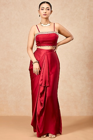 Deep Red Modal Satin Draped Skirt Set by ESSENCE by Nandini Thakkar
