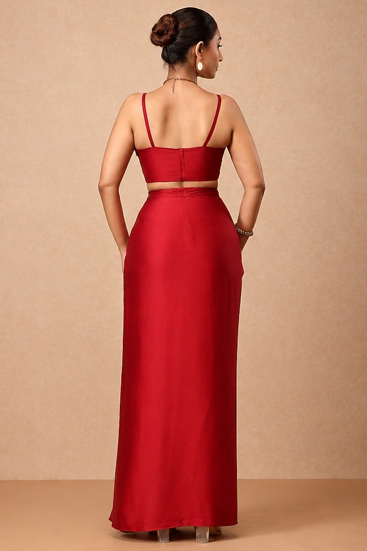 Deep Red Modal Satin Draped Skirt Set by ESSENCE by Nandini Thakkar at Pernia's Pop Up Shop