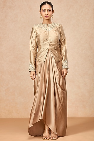 Beige Modal Satin Draped Skirt Set by ESSENCE by Nandini Thakkar