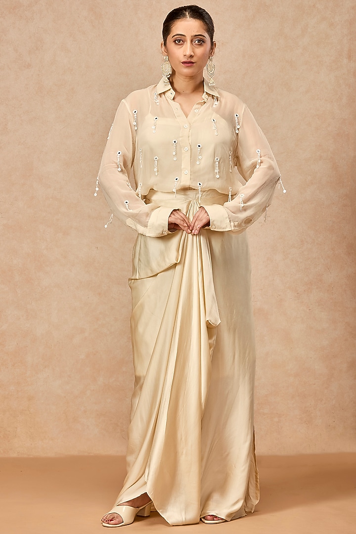 Ivory Modal Satin Draped Skirt Set by ESSENCE by Nandini Thakkar at Pernia's Pop Up Shop