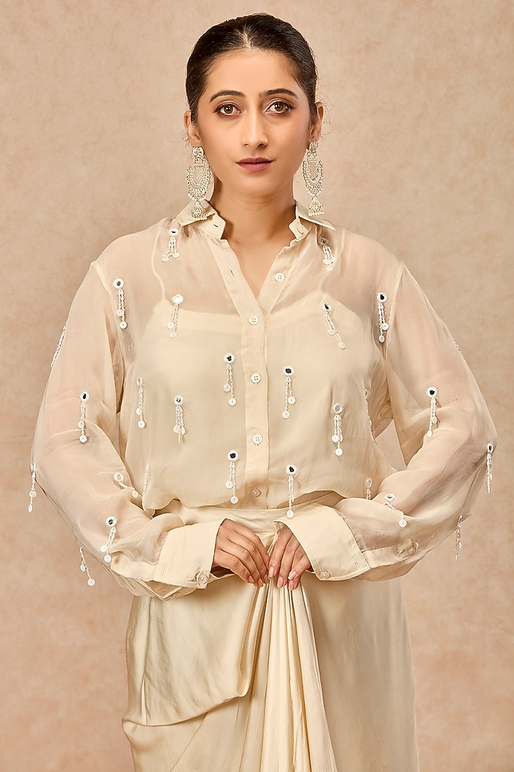 Ivory Modal Satin Draped Skirt Set by ESSENCE by Nandini Thakkar at Pernia's Pop Up Shop