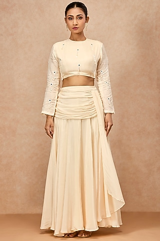 Ivory Crepe Draped Skirt Set by ESSENCE by Nandini Thakkar